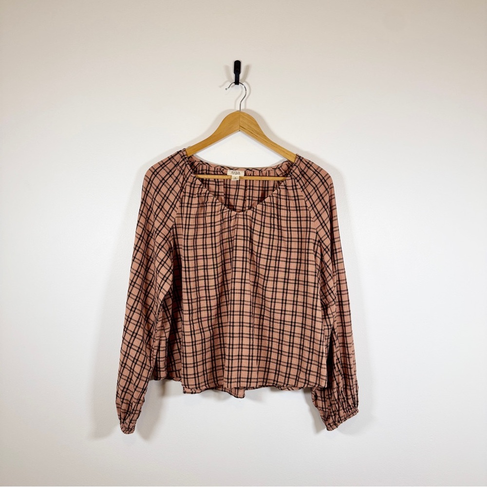 a.n.a Checkered Long Sleeve Blouse - Brown and Black